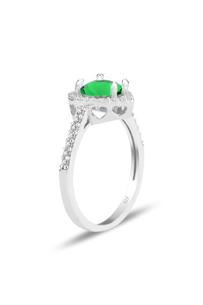 Gümüş rodyumlu yeşil taşlı pırlanta montürlü Kalp modeli yüzük SGTL12081YESIL