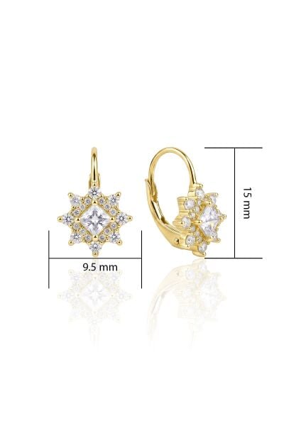 925 Ayar Gümüş Altın Kaplama Prenses Kesim Taşlı Güneş Küpe - Fransız Kilit Çengelli Yıldız Kadın Küpe SGTL13482GOLD