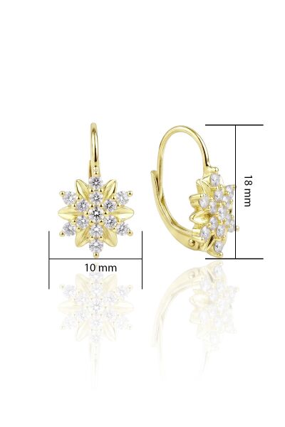 925 Ayar Gümüş Küpe Altın Kaplama Zirkon Taşlı Kar Tanesi Küpe - Fransız Kilit Çengelli Kadın Küpe SGTL13483GOLD
