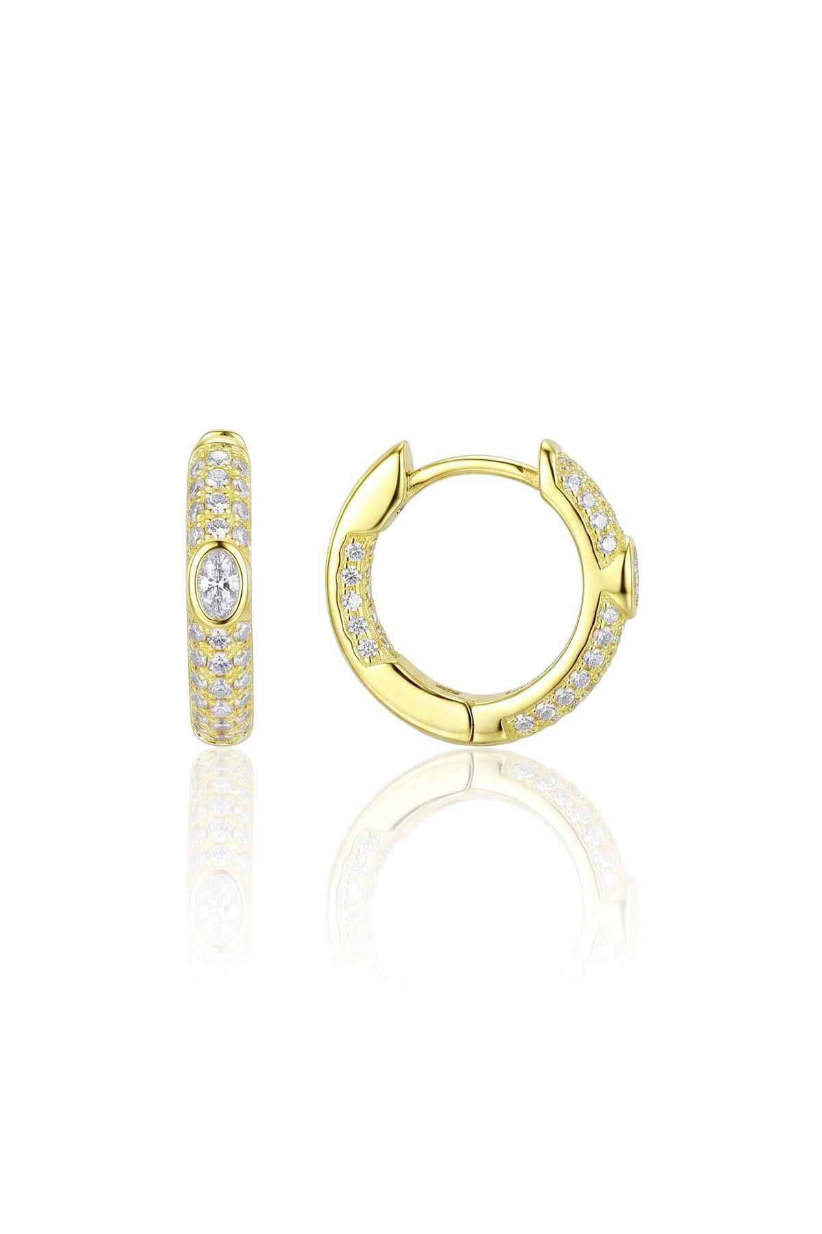 925 Ayar Gümüş Küpe Altın Kaplama Oval Kesim Taşlı Halka Küpe - Zirkon Taşlı Huggie Kadın Küpe SGTL13484GOLD