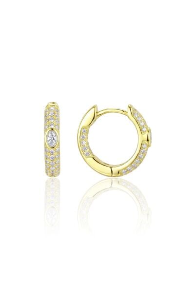 925 Ayar Gümüş Küpe Altın Kaplama Oval Kesim Taşlı Halka Küpe - Zirkon Taşlı Huggie Kadın Küpe SGTL13484GOLD