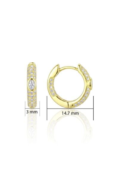 925 Ayar Gümüş Küpe Altın Kaplama Oval Kesim Taşlı Halka Küpe - Zirkon Taşlı Huggie Kadın Küpe SGTL13484GOLD