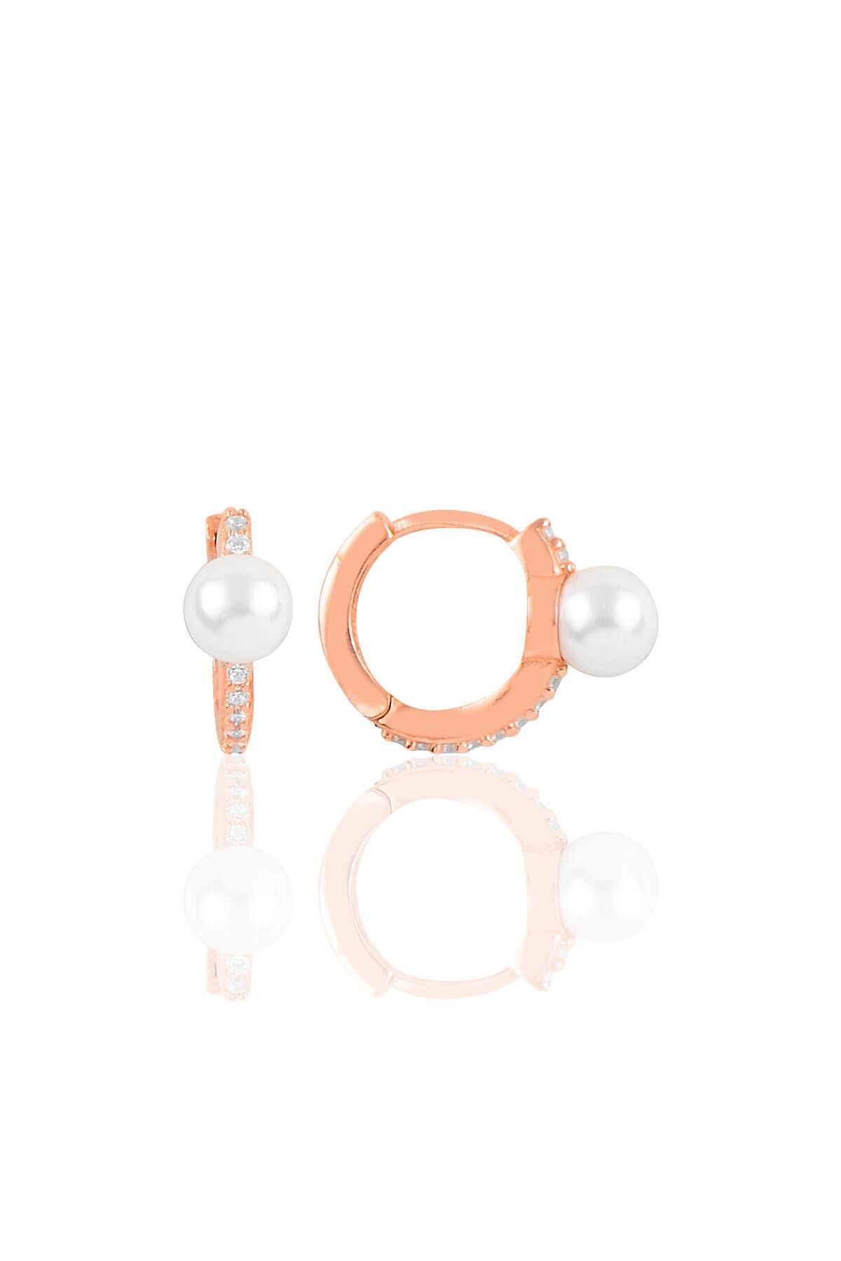 Gümüş rose inci ve zirkon taşlı halka küpe SGTL10872ROSE