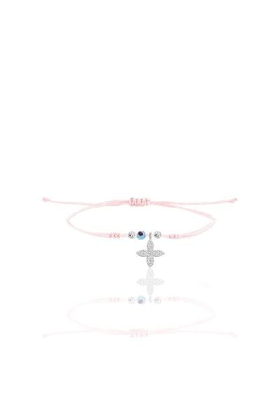 Gümüş rodyumlu zirkon taşlı nazarlı dört yapraklı yonca  pembe ipli şans bileklik SGTL12484RODAJ