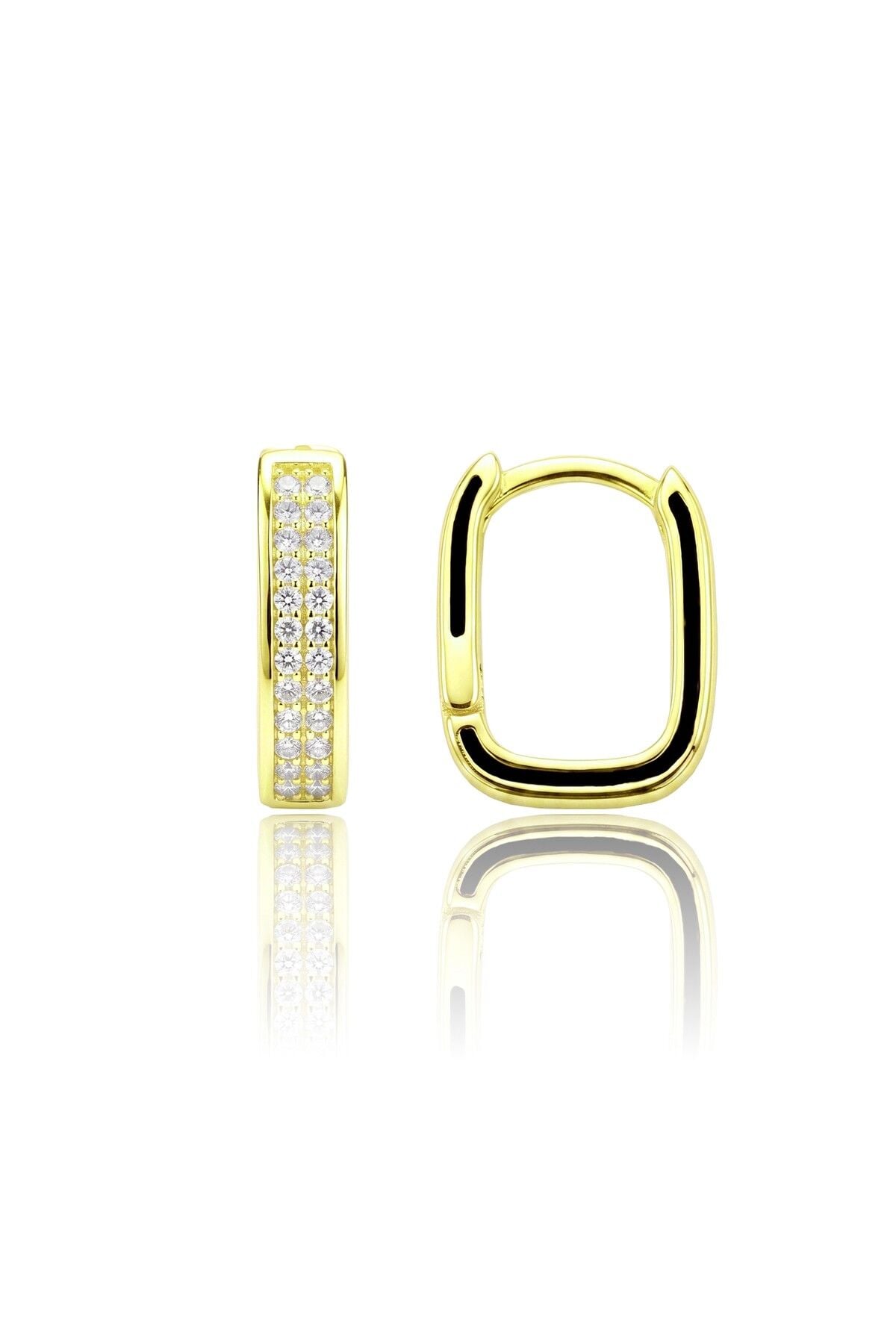 925 Ayar Gümüş Küpe Altın Kaplama Modern Taşlı Dikdörtgen U Halka Küpe - Köşeli Zirkon Taşlı Küpe SGTL13485GOLD