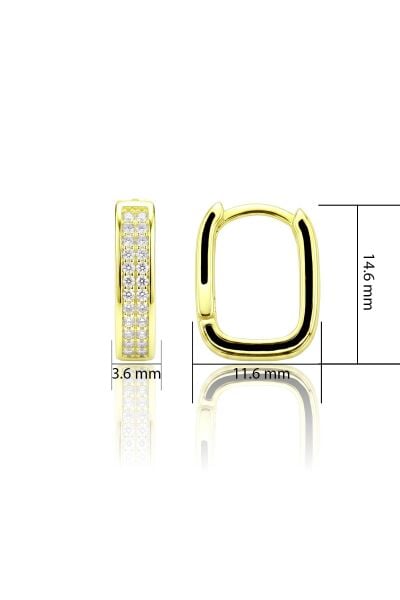 925 Ayar Gümüş Küpe Altın Kaplama Modern Taşlı Dikdörtgen U Halka Küpe - Köşeli Zirkon Taşlı Küpe SGTL13485GOLD