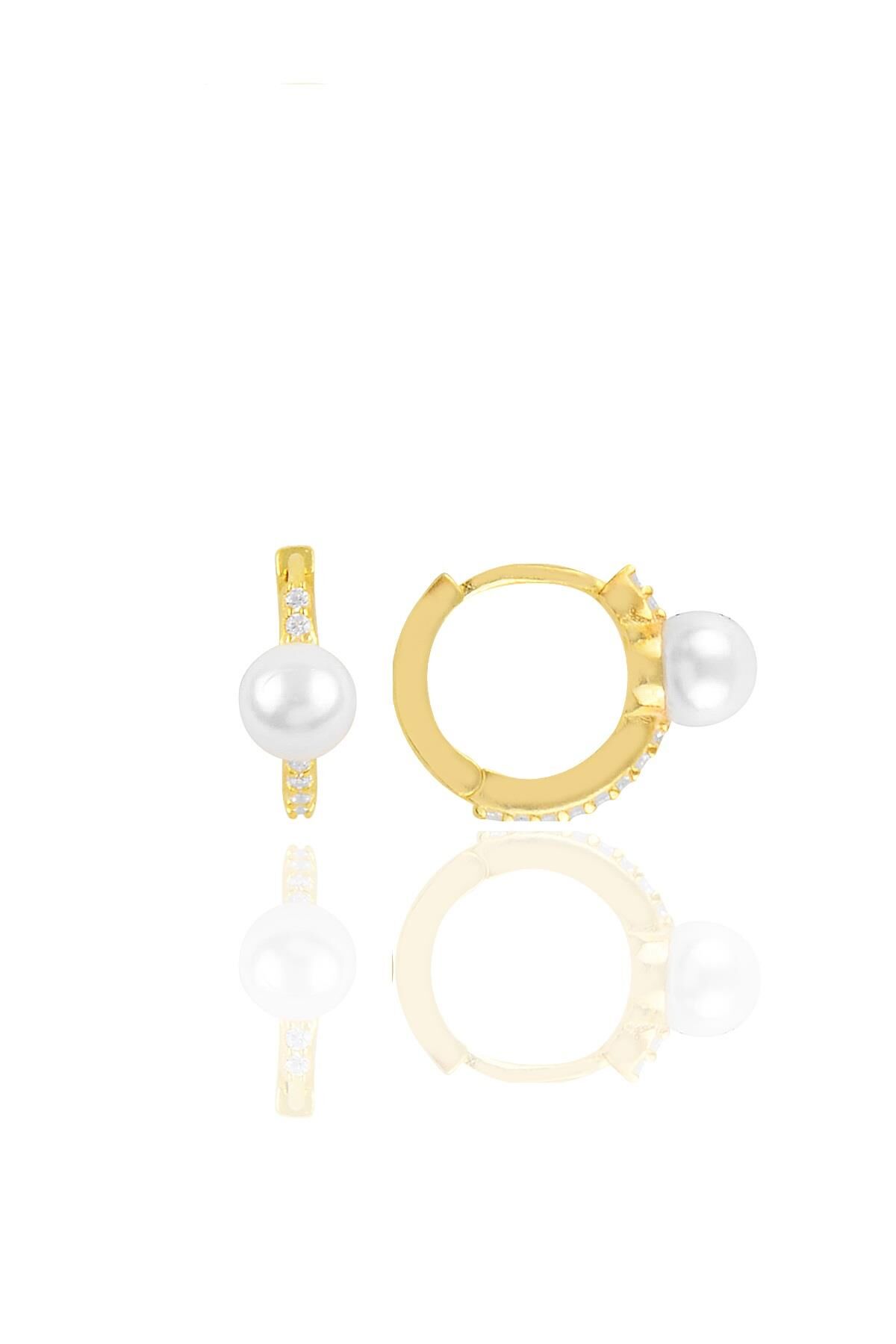 Gümüş altın yaldızlı inci ve zirkon taşlı halka küpe SGTL10872GOLD