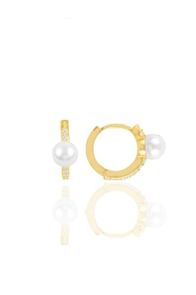 Gümüş altın yaldızlı inci ve zirkon taşlı halka küpe SGTL10872GOLD
