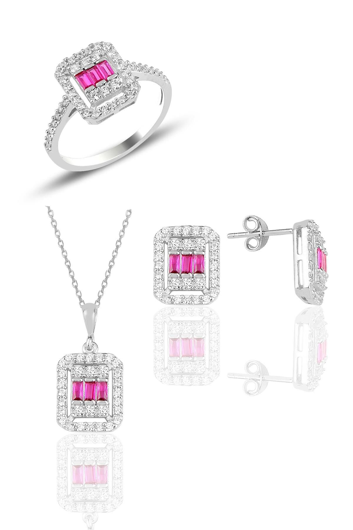 Gümüş beyaz altın rodyumlu baget kesim kök yakut taşlı çizgili üçlü set SGTL11561KIRMIZI