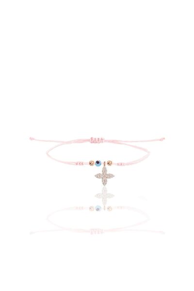 Gümüş rose zirkon taşlı nazarlı dört yapraklı yonca  pembe ipli şans bileklik SGTL12484ROSE
