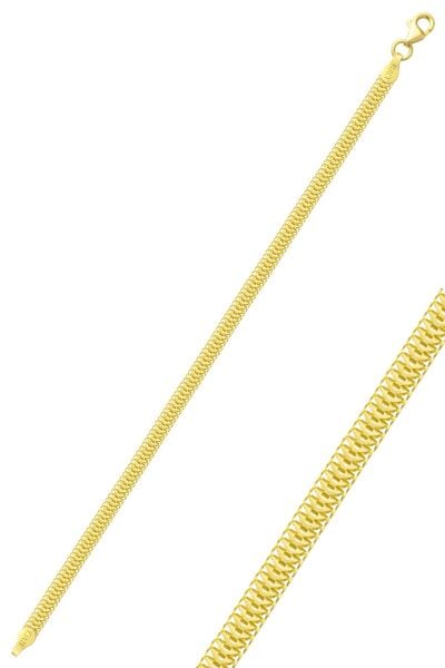 925 Ayar Gümüş Gold Kaplama Lüks İtalyan Ezme Zincir Bileklik - Yassı Yılan Zincir Modern Künye SGTL13337GOLD