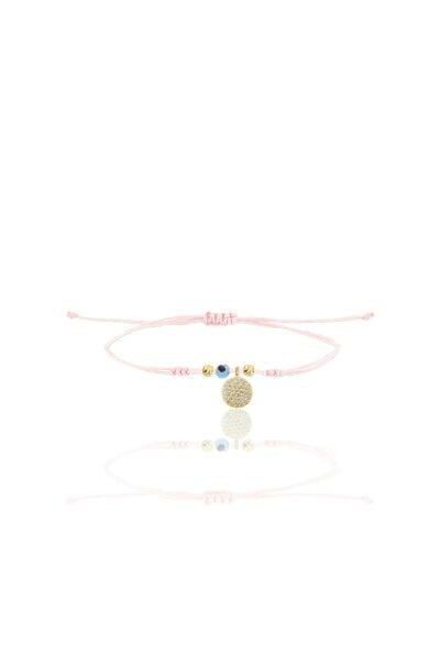 Gümüş altın yaldızlı zirkon taşlı nazarlı yuvarlak pembe ipli şans bileklik SGTL12485GOLD