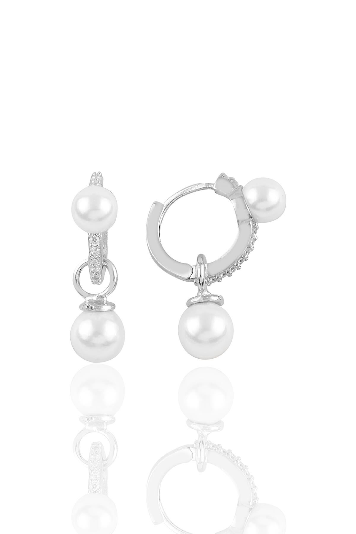 Gümüş rodyumlu  zirkon taşlı inci sallantılı halka küpe SGTL10871RODAJ