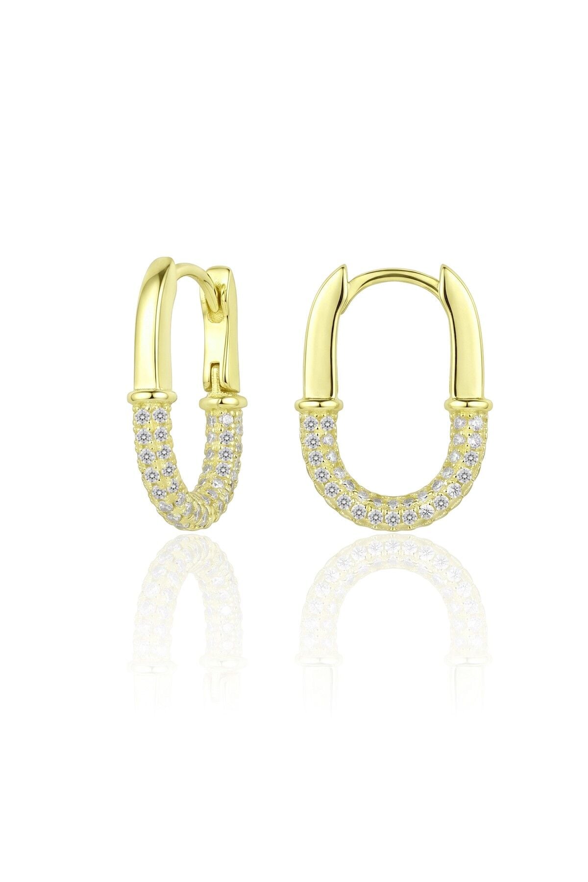925 Ayar Gümüş Küpe Altın Kaplama Yarı Taşlı Oval Halka Küpe - U Formlu Zirkon Taşlı Şık Geçmeli Küpe SGTL13486GOLD