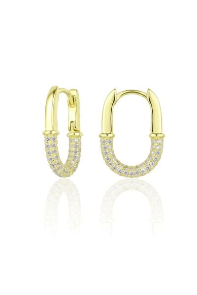 925 Ayar Gümüş Küpe Altın Kaplama Yarı Taşlı Oval Halka Küpe - U Formlu Zirkon Taşlı Şık Geçmeli Küpe SGTL13486GOLD