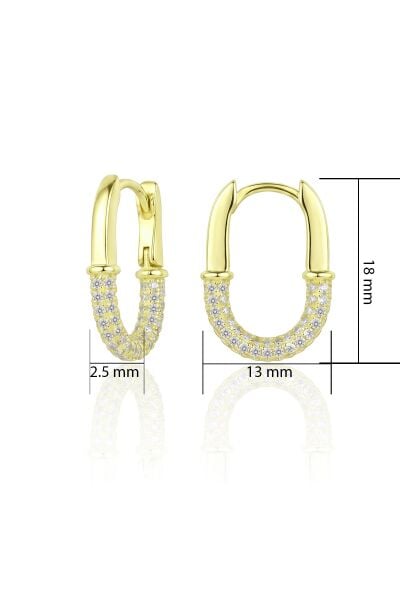 925 Ayar Gümüş Küpe Altın Kaplama Yarı Taşlı Oval Halka Küpe - U Formlu Zirkon Taşlı Şık Geçmeli Küpe SGTL13486GOLD
