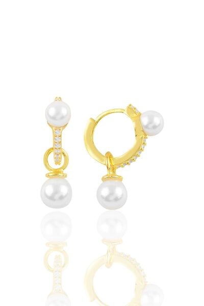 Gümüş altın yaldızlı zirkon taşlı inci sallantılı halka küpe SGTL10871GOLD