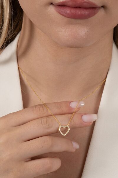 Gümüş Altın Yaldızlı Zirkon Taşlı Kalp Kolye SGTL11723GOLD