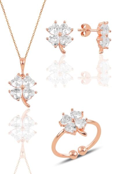 Gümüş rose zirkon taşlı yonca kolye küpe ve yüzük üçlü set SGTL11664BEYAZ