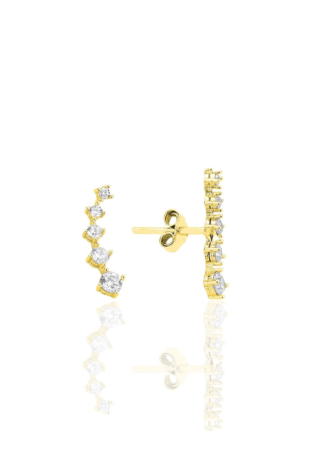 Gümüş altın yaldızlı zirkon taşlı beş taşlı vidalı küpe SGTL12552GOLD