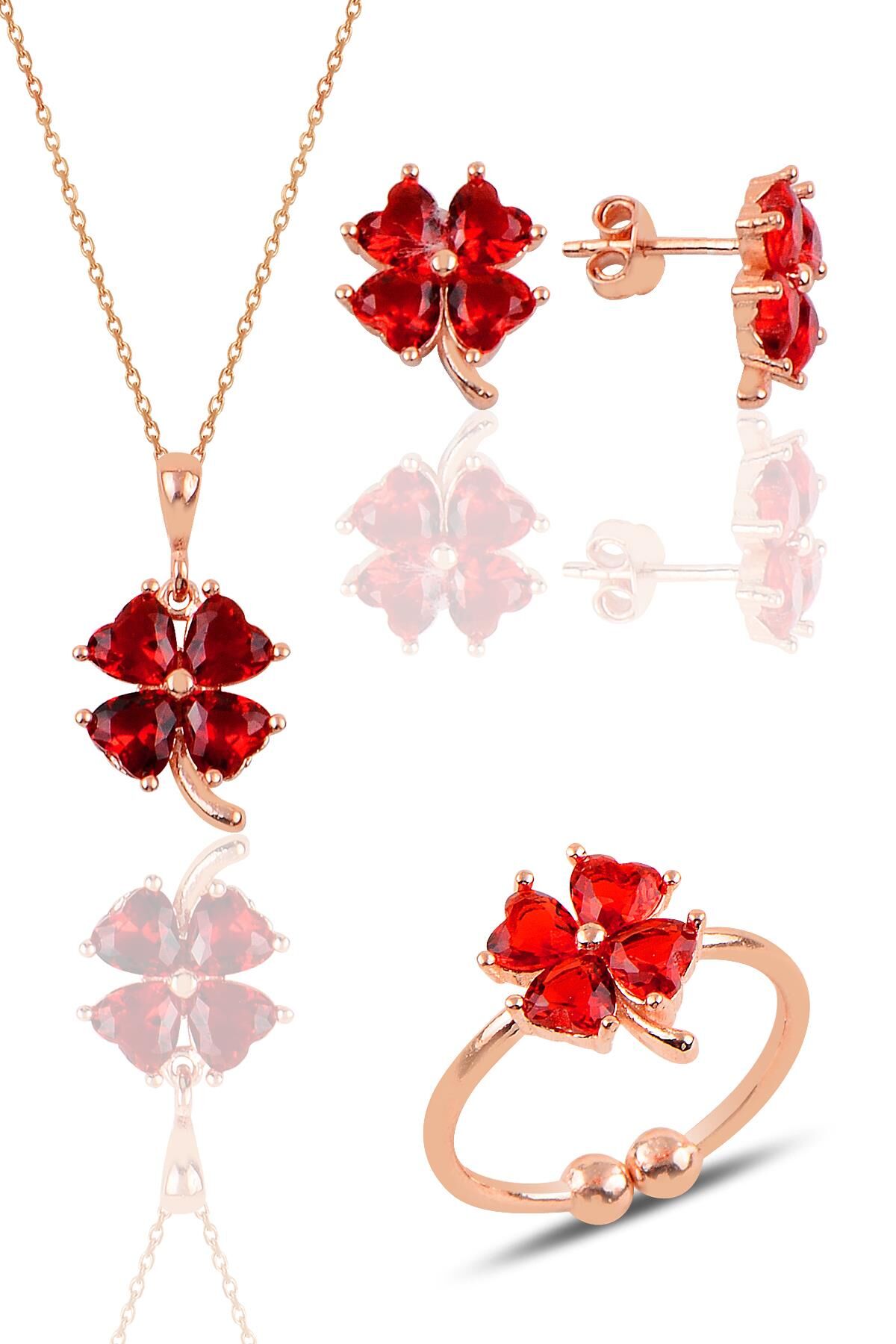 Gümüş rose kırmızı taşlı yonca kolye küpe ve yüzük üçlü set SGTL11664KIRMIZI