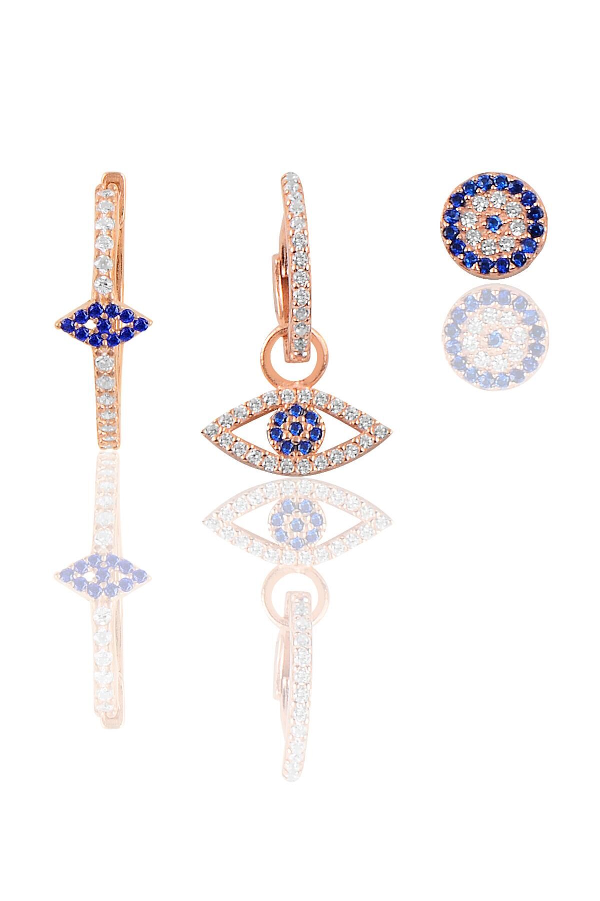 Gümüş rose zirkon taşlı mekik nazarlı kombin küpe SGTL12104ROSE