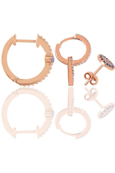 Gümüş rose zirkon taşlı mekik nazarlı kombin küpe SGTL12104ROSE
