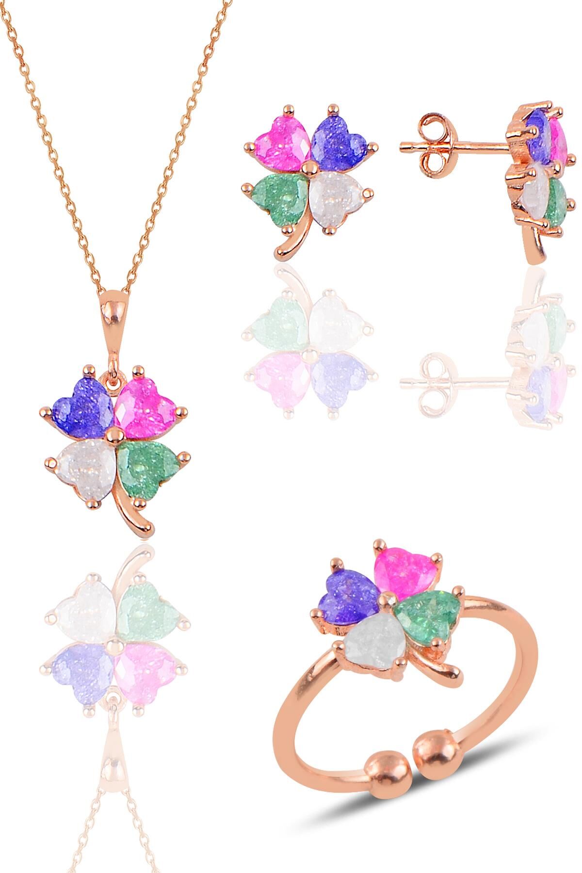 Gümüş rose kristalize renkli taşlı yonca kolye küpe ve yüzük üçlü set SGTL11664RENKLI