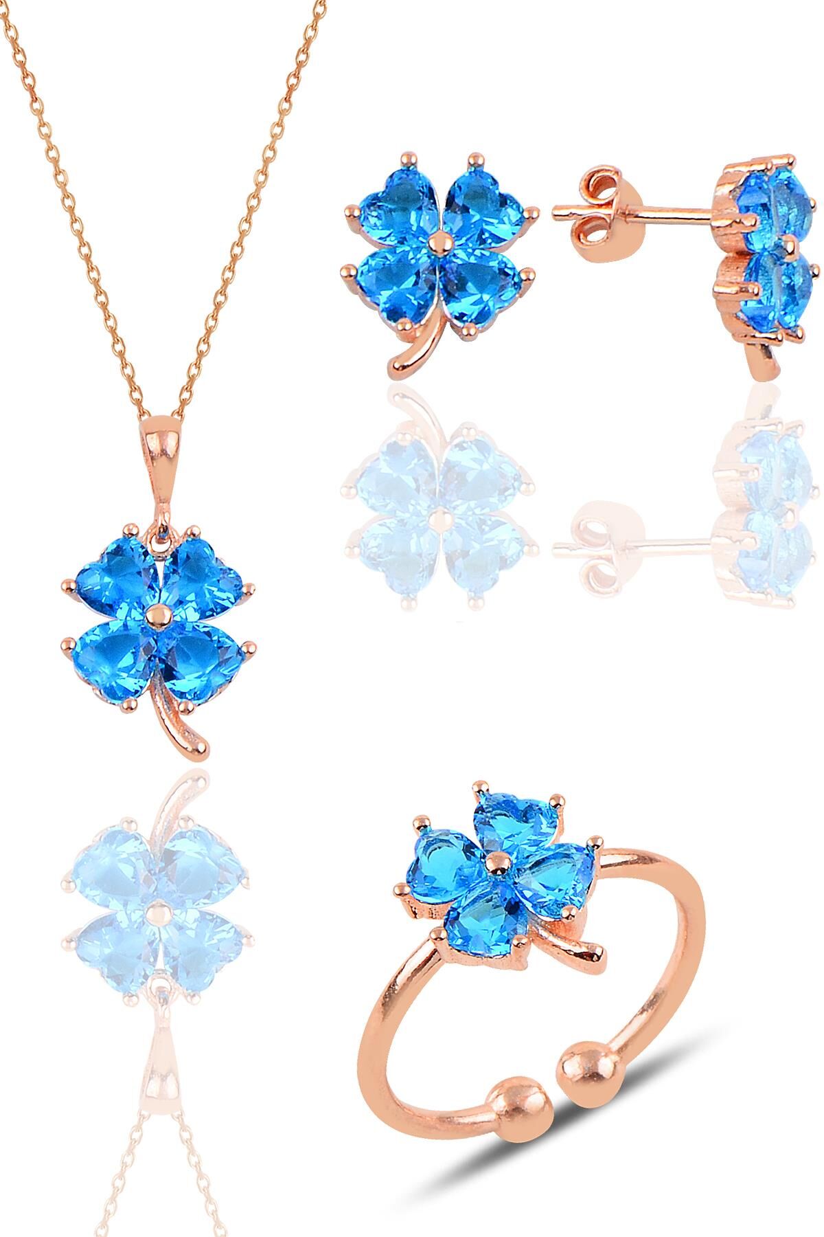 Gümüş rose akuamarin taşlı yonca kolye küpe ve yüzük üçlü set SGTL11664MAVI
