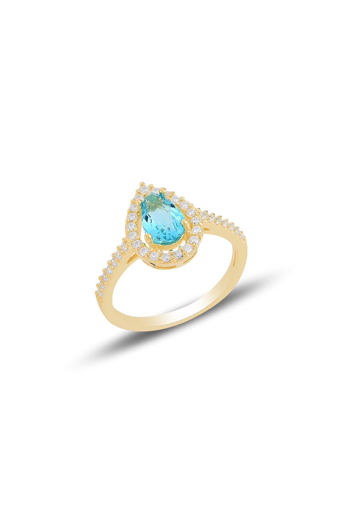 Gümüş altın yaldızlı akuamarin taşlı damla modeli yüzük SGTL11519MAVI