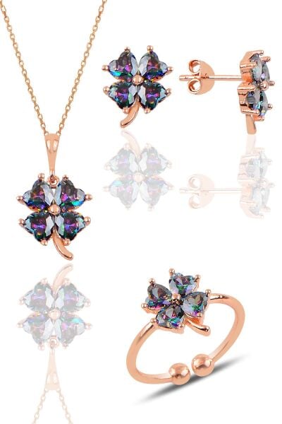Gümüş rose mistik taşlı yonca kolye küpe ve yüzük üçlü set SGTL11664MOR