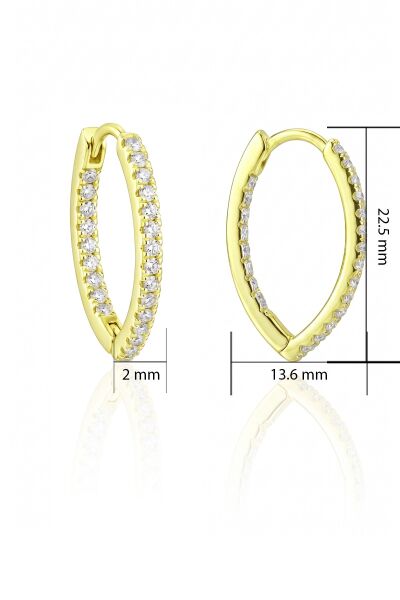925 Ayar Gümüş Altın Kaplama V Formlu İçi Dışı Zirkon Taşlı Sivri Kavisli Halka Küpe - Şık Geçmeli V Model Kadın Küpe SGTL13490GOLD