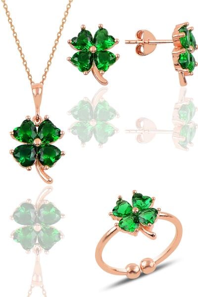 Gümüş rose kök zümrüt taşlı yonca kolye küpe ve yüzük üçlü set SGTL11664YESIL