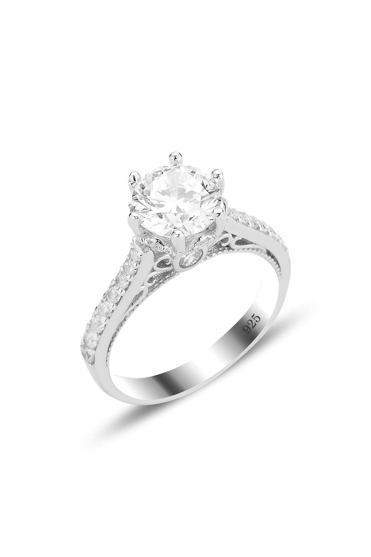 Gümüş rodyumlu star kesim zirkon taşlı madam yüzük SGTL12528RODAJ