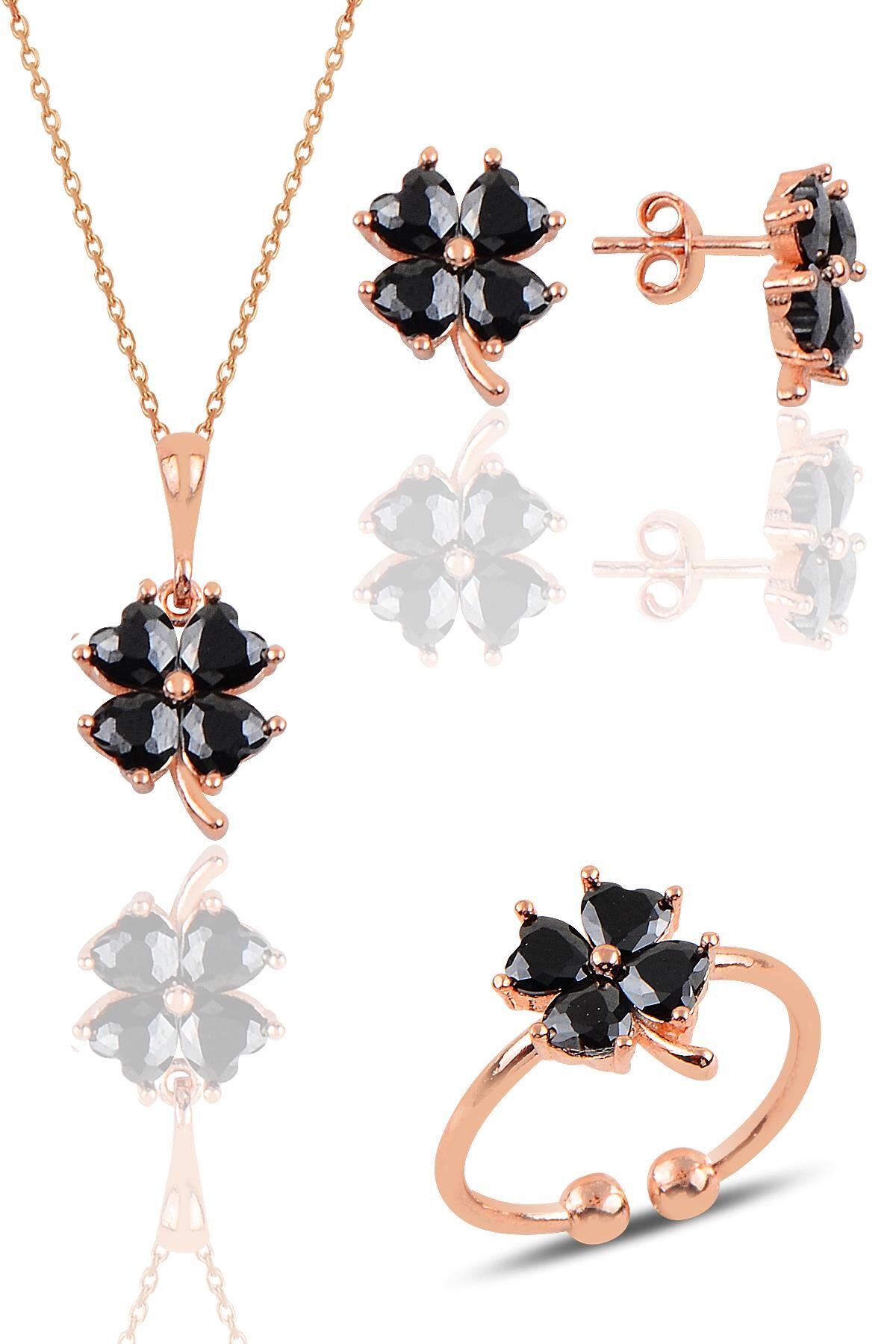 Gümüş rose onix taşlı yonca kolye küpe ve yüzük üçlü set SGTL11664SIYAH