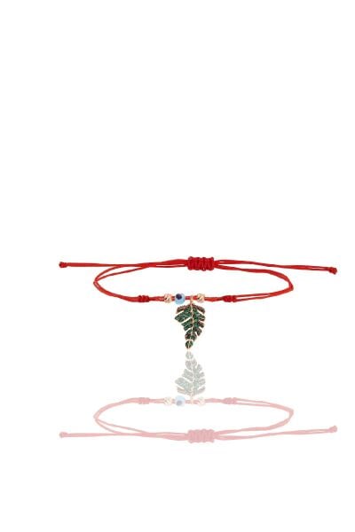 Gümüş rose yeşil taşlı nazarlı yaprak modeli kırmızı ipli şans bileklik SGTL12489KIRMIZI