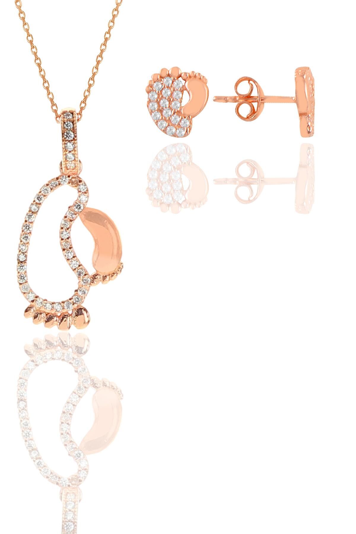 Gümüş rose zirkon taşlı ilk adım kolye ve küpe ikili set SGTL11665ROSE
