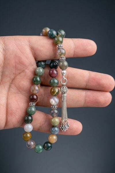 925 Ayar Gümüş Aparatlı Küre Kesim Hint Akiği Doğal Taş Tesbih SGTL13343RENKLI