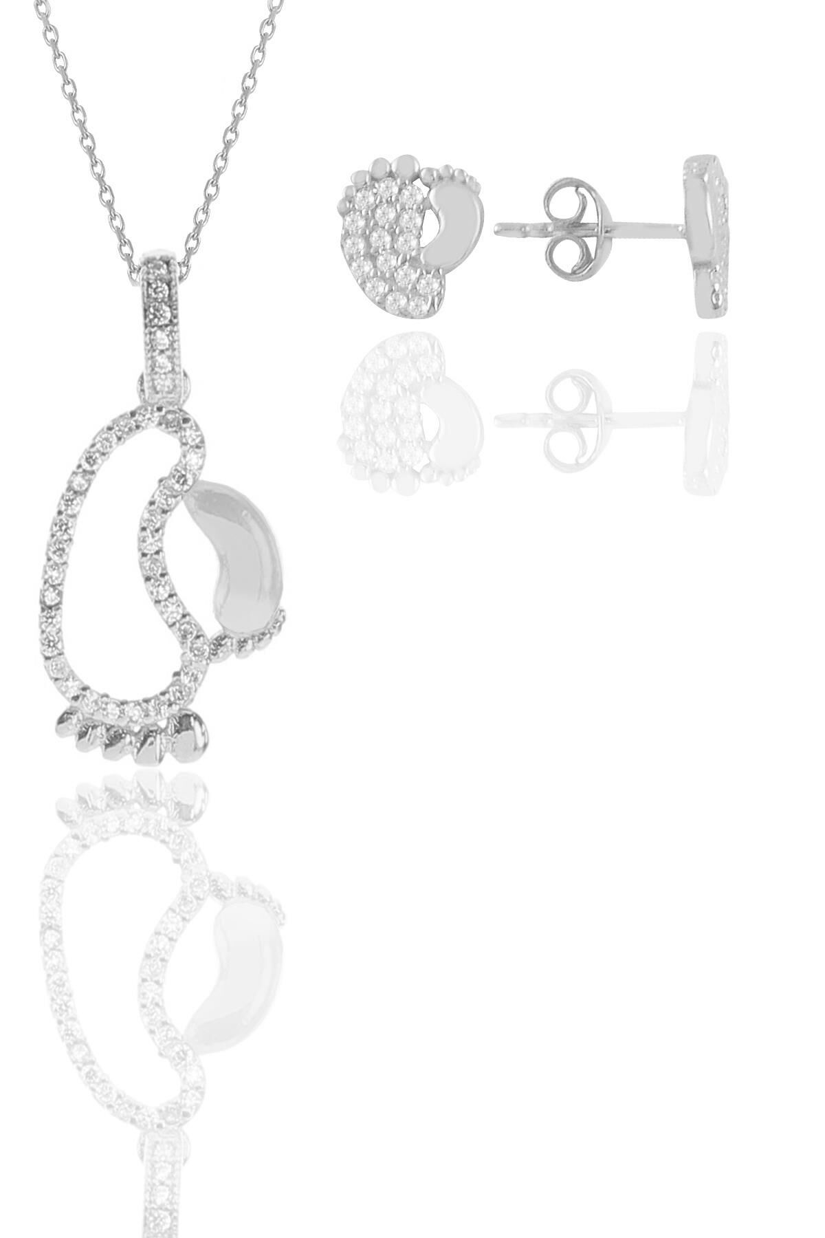 Gümüş rodyumlu zirkon taşlı ilk adım kolye ve küpe ikili set SGTL11665RODAJ