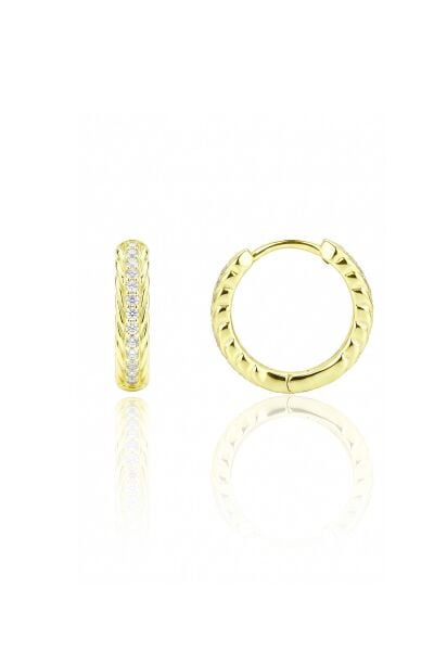 925 Ayar Gümüş Altın Kaplama Balıksırtı Taşlı Halka Küpe - Örgü Motifli Zirkon Taşlı Huggie Küpe SGTL13492GOLD