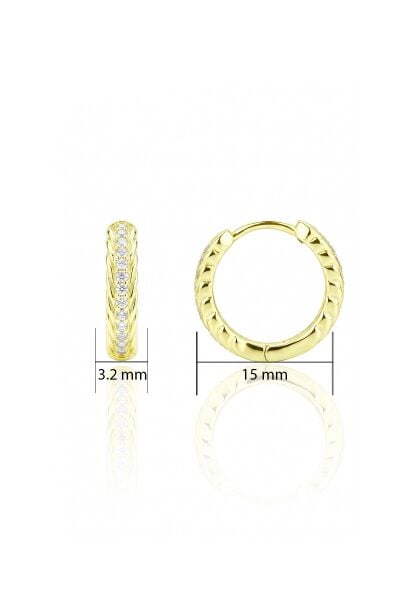 925 Ayar Gümüş Altın Kaplama Balıksırtı Taşlı Halka Küpe - Örgü Motifli Zirkon Taşlı Huggie Küpe SGTL13492GOLD