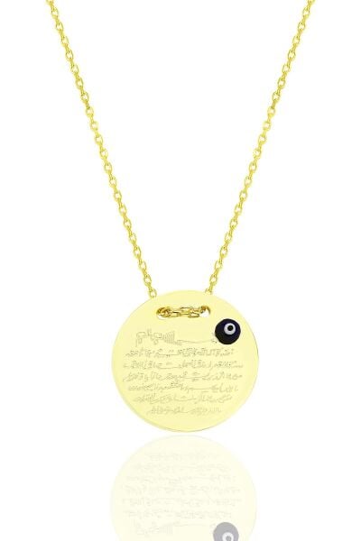 Gümüş altın yaldızlı Ayetel Kürsi yazılı nazarlı plaka kolye SGTL12490GOLD