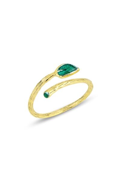 Gümüş altın yaldızlı mineli yaprak modeli üstten ayarlamalı yüzük SGTL12820GOLD