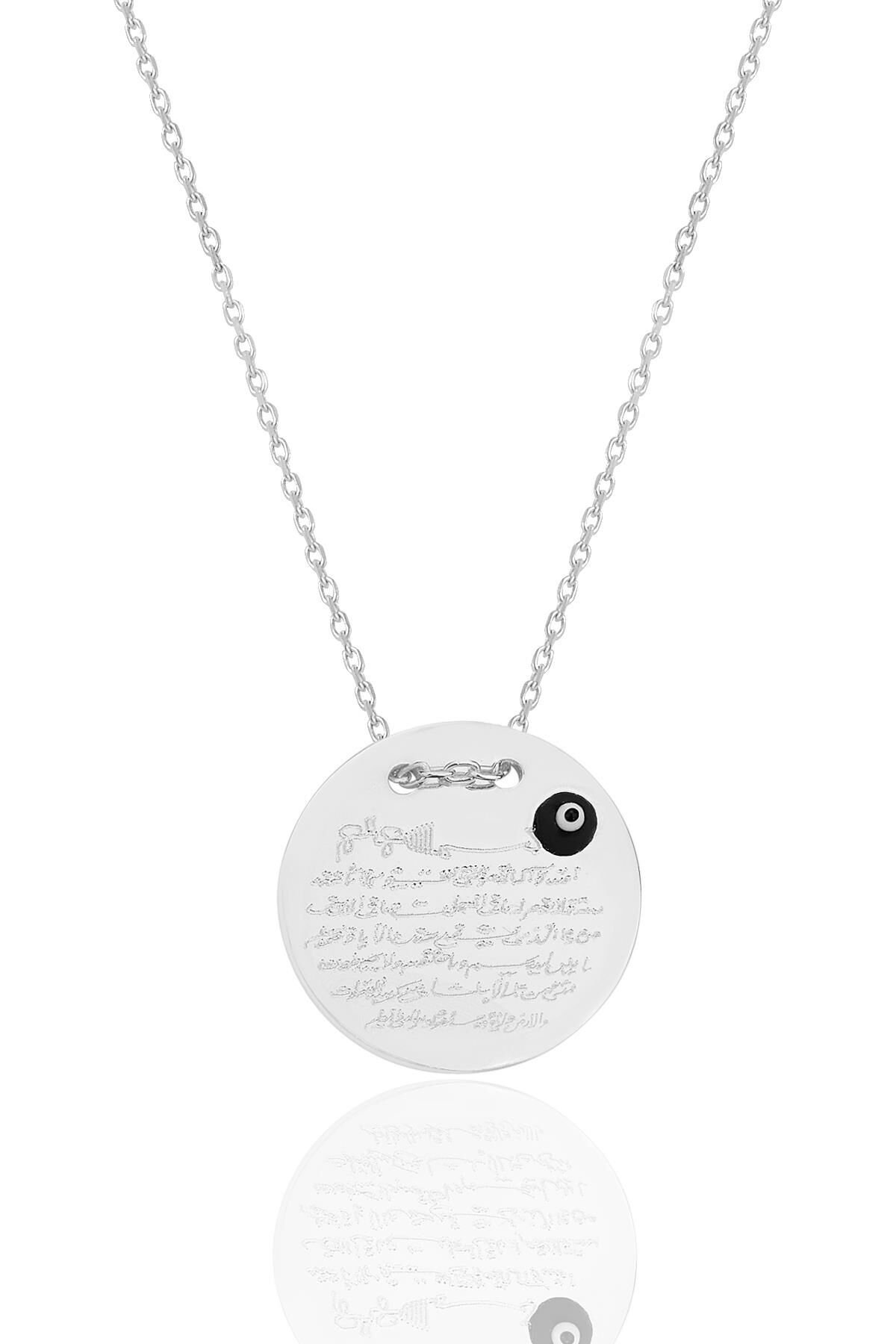 Gümüş rodyumlu Ayetel Kürsi yazılı nazarlı plaka kolye SGTL12490RODAJ