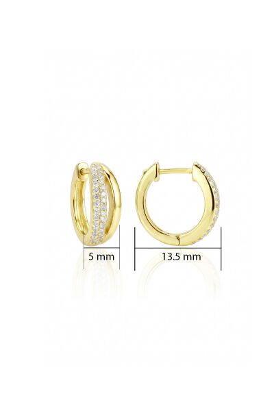 925 Ayar Gümüş Altın Kaplama Çift Sıra Taşlı Halka Küpe - Üç Hatlı Zirkon Taşlı Huggie Kadın Küpe SGTL13493GOLD
