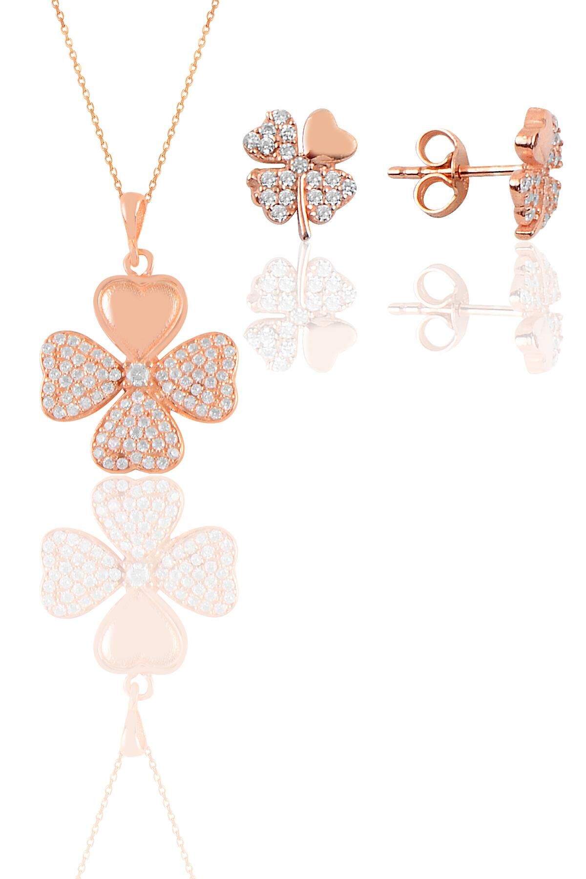 Gümüş rose zirkon taşlı yonca kolye ve küpe ikili set SGTL11667ROSE