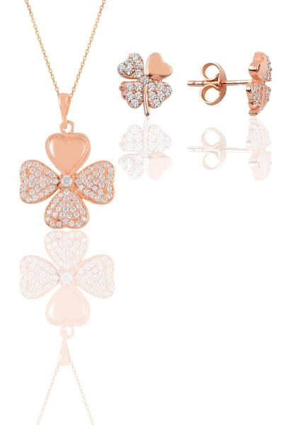 Gümüş rose zirkon taşlı yonca kolye ve küpe ikili set SGTL11667ROSE