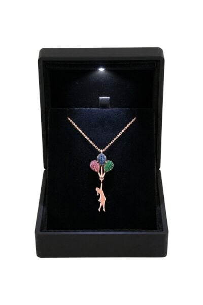 925 Ayar Gümüş Kolye Özel Işıklı Mücevher Kutulu Rose Gold Kaplama Balonlu Kız Kolye SGTL13344ROSE
