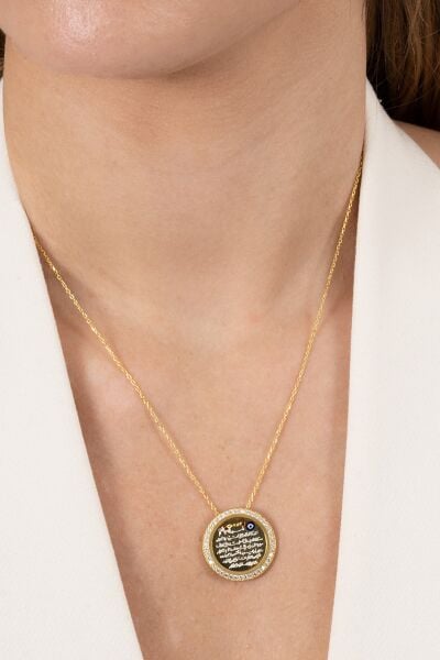 Gümüş altın yaldızlı zirkon taşlı Ayetel Kürsi yazılı nazarlı plaka kolye SGTL12491GOLD