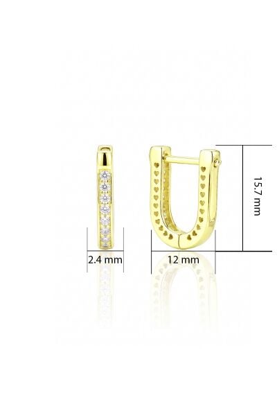 925 Ayar Gümüş Altın Kaplama Kalp Oymalı U Modeli Küpe - Kalp Motifli Zirkon Taşlı Diktörtgen Küpe SGTL13494GOLD